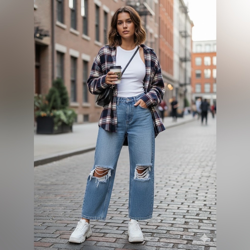 ASOS Petite Medium Blue Ripped Wide Leg Jeans